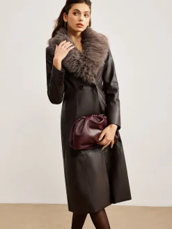 Detachable Fuzzy Collar Faux Leather Long Jacket