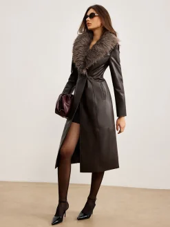Detachable Fuzzy Collar Faux Leather Long Jacket
