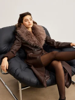 Detachable Fuzzy Collar Faux Leather Long Jacket