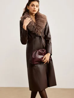 Detachable Fuzzy Collar Faux Leather Long Jacket