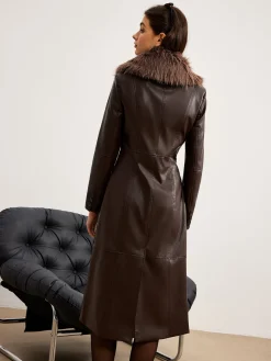 Detachable Fuzzy Collar Faux Leather Long Jacket