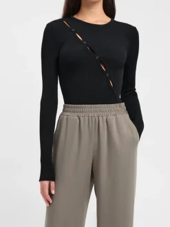 Diagonal Buttoned Keyhole Long Sleeve Top