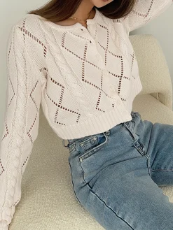 Diamonds Eyelet Button Up Knit Top