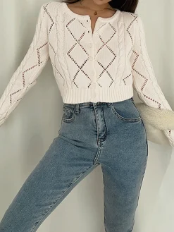 Diamonds Eyelet Button Up Knit Top