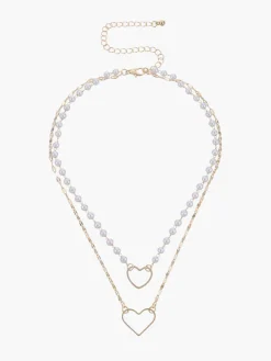 Double Layer Pearl Heart Pendant Necklace