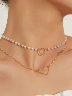Double Layer Pearl Heart Pendant Necklace