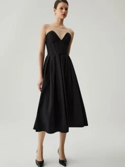 Double Pockets Pleated Zip Corset Tube Midi Dress