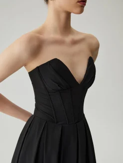 Double Pockets Pleated Zip Corset Tube Midi Dress