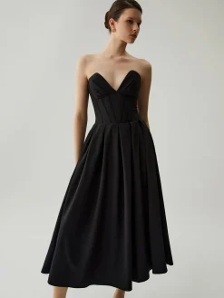 Double Pockets Pleated Zip Corset Tube Midi Dress
