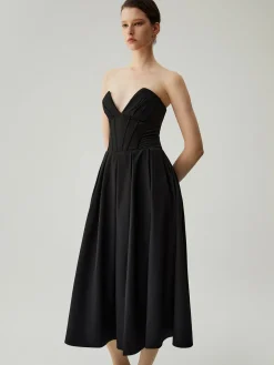 Double Pockets Pleated Zip Corset Tube Midi Dress