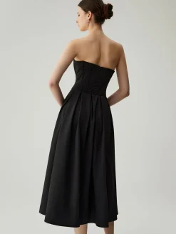 Double Pockets Pleated Zip Corset Tube Midi Dress