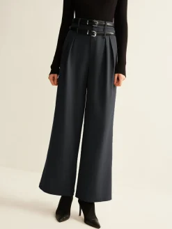 Double-Belt Pleated Straight Pants