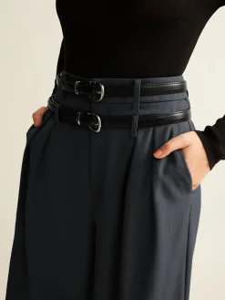 Double-Belt Pleated Straight Pants