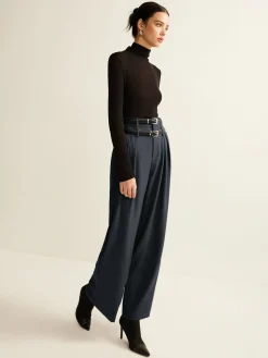 Double-Belt Pleated Straight Pants