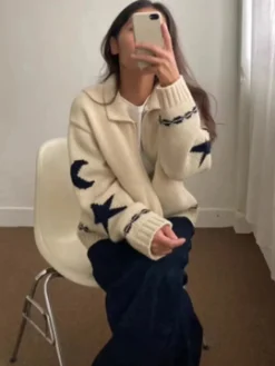 Double-Zip Pockets Lapel Cardigan