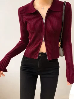 Double-Zip Ribbed Petite Sweater