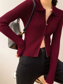 Double-Zip Ribbed Petite Sweater