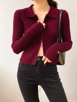 Double-Zip Ribbed Petite Sweater