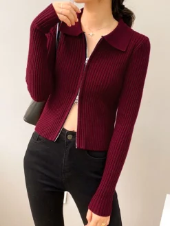 Double-Zip Ribbed Petite Sweater