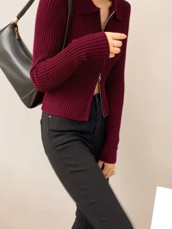Double-Zip Ribbed Petite Sweater