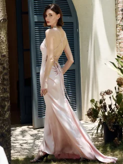 Drawstring Backless Lace Up Long Dress