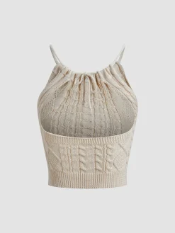 Drawstring Open Back Cable Knit Halter Crop Top