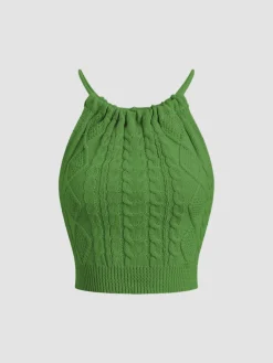 Drawstring Open Back Cable Knit Halter Crop Top