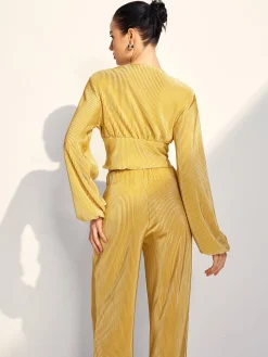 Drawstring Puff Sleeve Pants Set