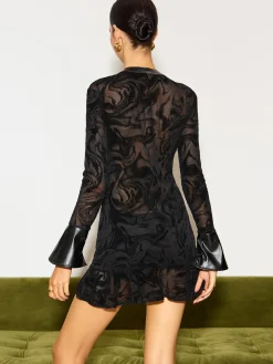 Drawstring Semi-Sheer Velvet Ruffle Dress