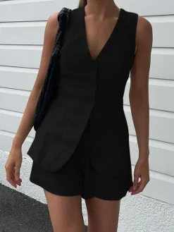 Drawstring Split Casual Shorts Set