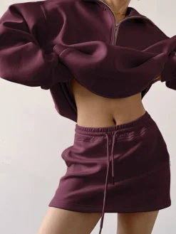 Drawstring Zipper Lapel Skirt Set