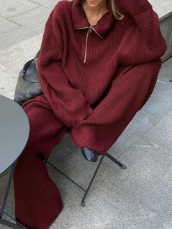 Drawstring Zipper Sweater Pants Set