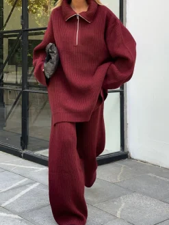 Drawstring Zipper Sweater Pants Set