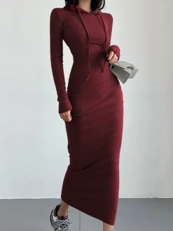 Drop Shoulder Drawstring Hooded Dress
