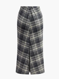 Elastic Waist Checked Slit Skirt
