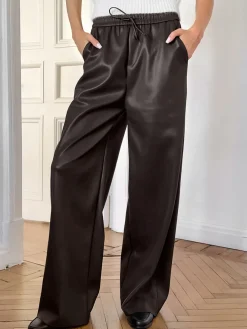 Elastic Waist Drawstring Faux Leather Pants
