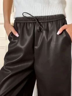 Elastic Waist Drawstring Faux Leather Pants