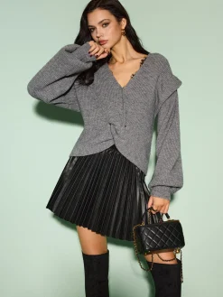 Elastic Waist Faux Leather Pleated Skirt