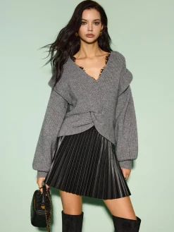 Elastic Waist Faux Leather Pleated Skirt