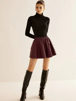 Elastic Waist Pleated PU Leather Skirt