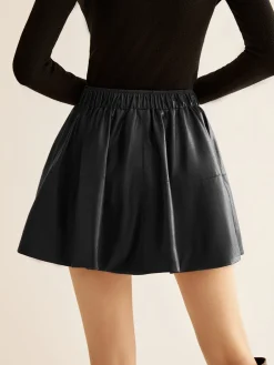 Elastic Waist Pleated PU Leather Skirt