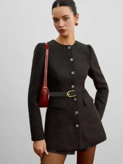 Elegant Button Down Tweed Blazer Without Belt