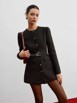Elegant Button Down Tweed Blazer Without Belt