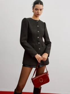 Elegant Button Down Tweed Blazer Without Belt