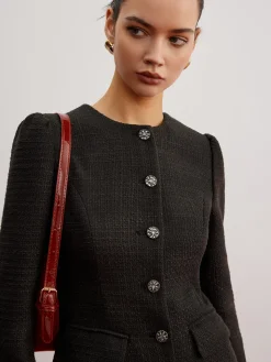 Elegant Button Down Tweed Blazer Without Belt