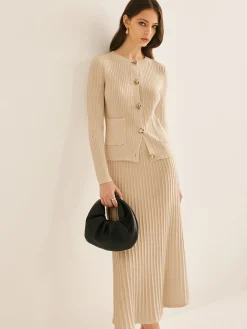 Elegant Button Pleated Sweater Co-ords