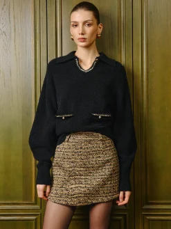 Elegant Contrast Binding Keyhole Neckline Polo Sweater
