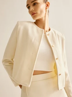 Elegant Crew Neck Tweed Blazer