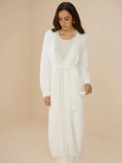 Elegant Fuzzy Plain Belted Cardigan