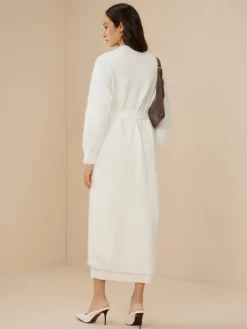 Elegant Fuzzy Plain Belted Cardigan